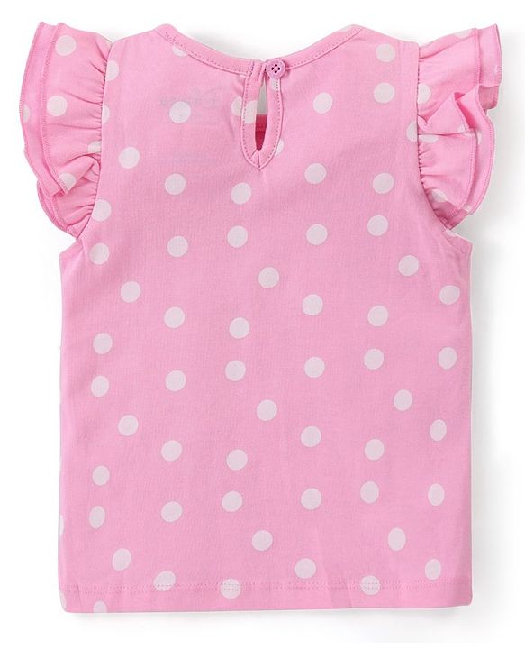 Babyhug Disney 100% Cotton Knit Dungaree With Frill Sleeves Top Minnie Mouse Print - Pink