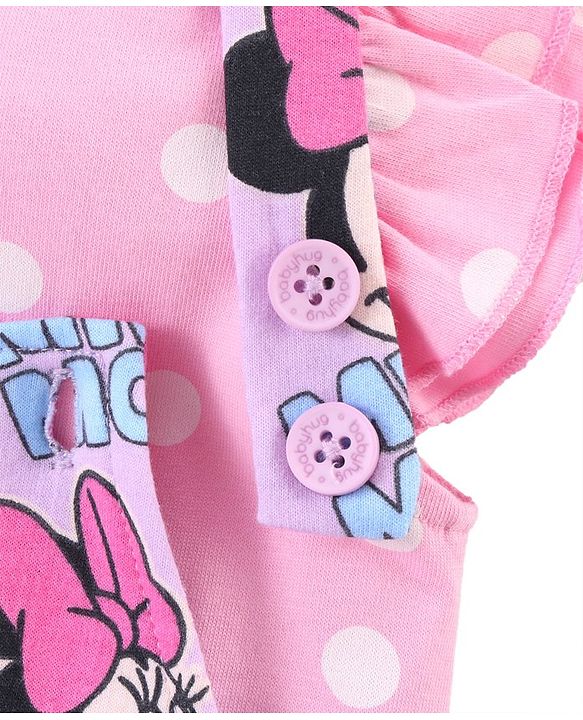 Babyhug Disney 100% Cotton Knit Dungaree With Frill Sleeves Top Minnie Mouse Print - Pink