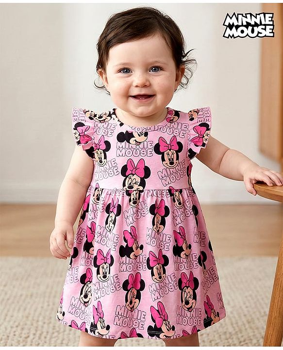 Babyhug Disney Cotton Knit Frill Sleeves Frock With Minnie Mouse Print - Pink