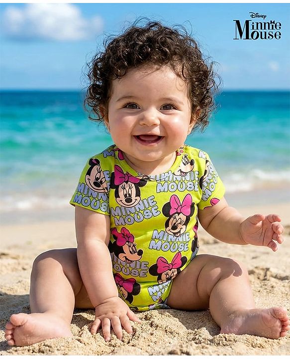 Babyhug Disney Interlock Cotton Knit Half Sleeves Onesie with Minnie Mouse Print - Green