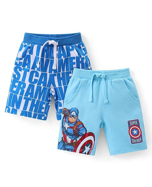 Babyhug Marvel Cotton Knit Shorts With Avengers Graphics Pack Of 2 - Blue