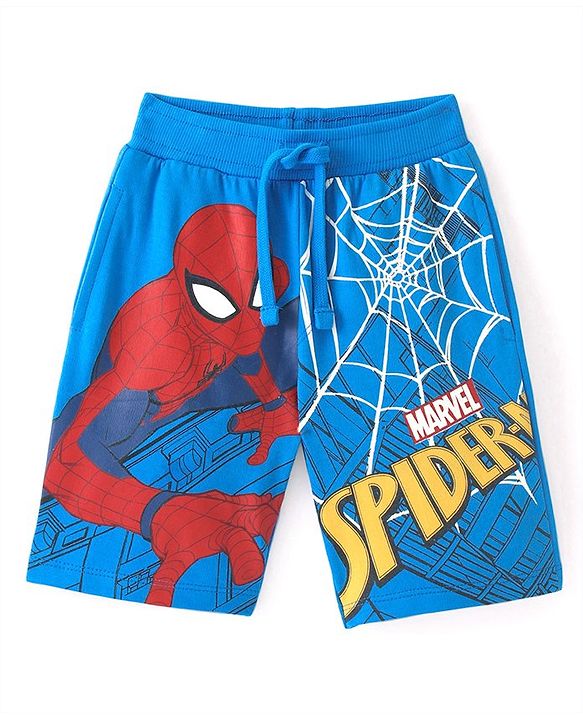 Babyhug Marvel Cotton Terry Knit Shorts with Spiderman Print - Blue
