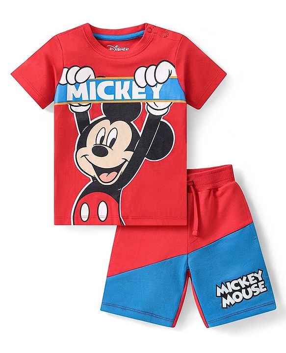 Babyhug Disney Single Jersey Knit Half Sleeve T-Shirt and Short Set with Mickey Mouse Graphics- Red & Blue