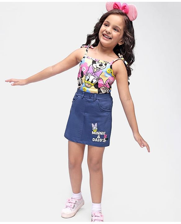 Babyhug Disney Cotton Knit Singlet Sleeves Top & Skirt Set With Minnie Mouse Graphics - Yellow & Navy