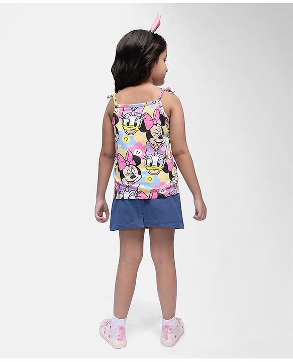 Babyhug Disney Cotton Knit Singlet Sleeves Top & Skirt Set With Minnie Mouse Graphics - Yellow & Navy