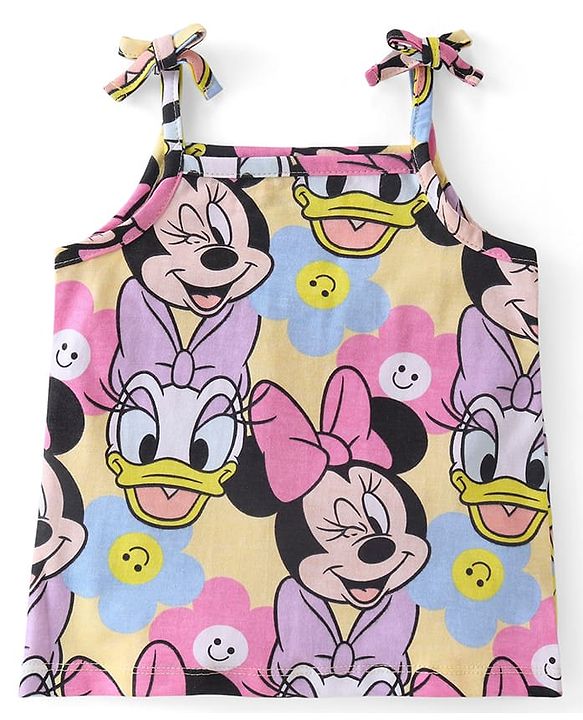 Babyhug Disney Cotton Knit Singlet Sleeves Top & Skirt Set With Minnie Mouse Graphics - Yellow & Navy
