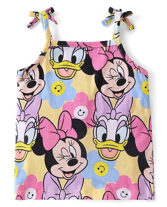 Babyhug Disney Cotton Knit Singlet Sleeves Top & Skirt Set With Minnie Mouse Graphics - Yellow & Navy