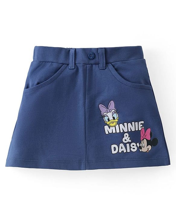 Babyhug Disney Cotton Knit Singlet Sleeves Top & Skirt Set With Minnie Mouse Graphics - Yellow & Navy