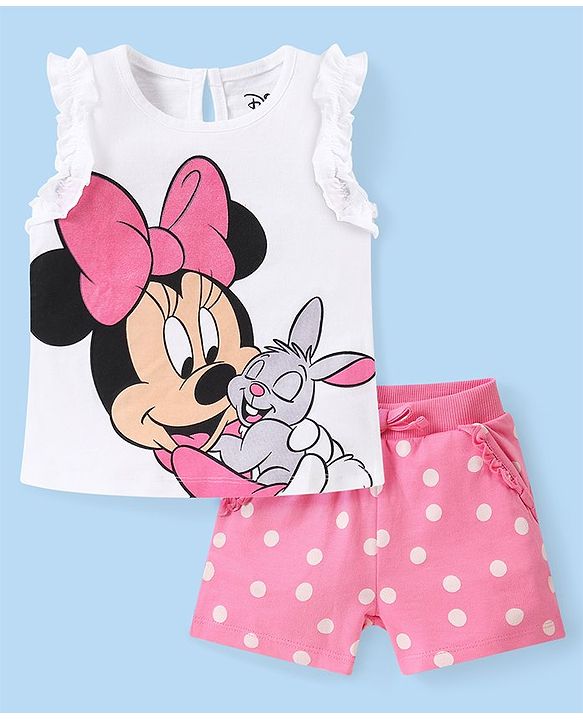 Babyhug Disney Single Jersey Knit  Sleeveless Top &  Shorts Set with Polka Dots & Minnie Mouse Graphics - White & Pink