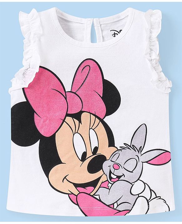 Babyhug Disney Single Jersey Knit  Sleeveless Top &  Shorts Set with Polka Dots & Minnie Mouse Graphics - White & Pink