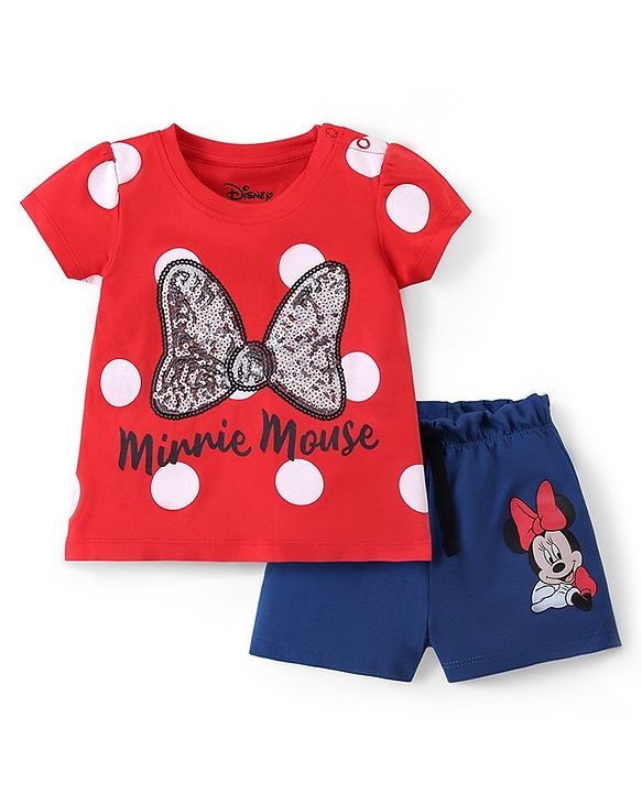 Babyhug Disney Single Jersey Knit Half Sleeve Top and Shorts Set with Minnie Mouse Graphics -Red & Navy Blue