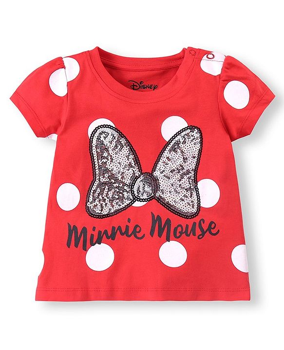 Babyhug Disney Single Jersey Knit Half Sleeve Top and Shorts Set with Minnie Mouse Graphics -Red & Navy Blue
