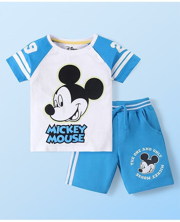 Babyhug Disney Single Jersey Knit Half Sleeves Shirt & Shorts With Mickey Mouse Graphics - White & Blue