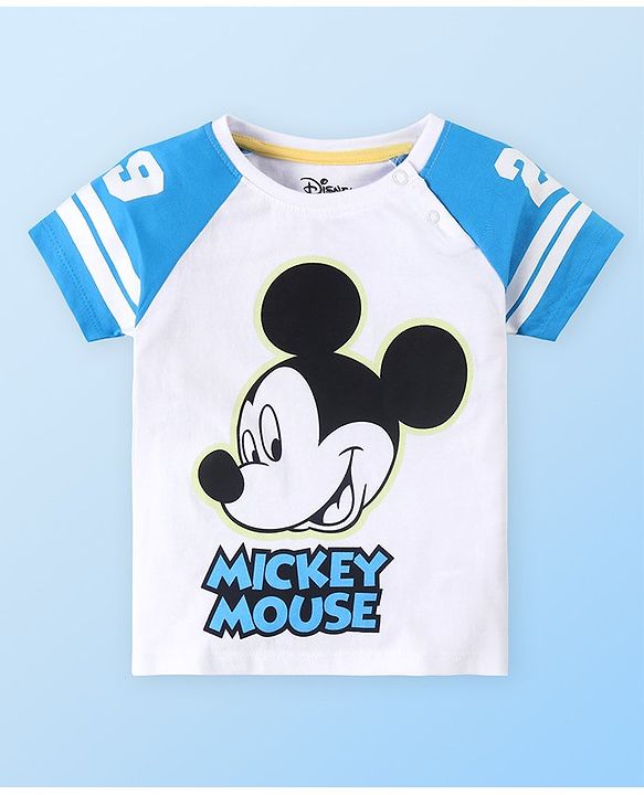 Babyhug Disney Single Jersey Knit Half Sleeves Shirt & Shorts With Mickey Mouse Graphics - White & Blue