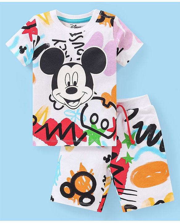 Babyhug Disney Single Jersey Knit Half Sleeves T-Shirt And Shorts Set With Mickey Mouse Graphics - White Purple & Black