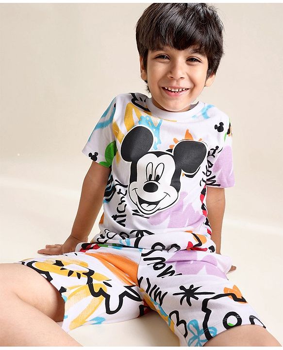 Babyhug Disney Single Jersey Knit Half Sleeves T-Shirt And Shorts Set With Mickey Mouse Graphics - White Purple & Black