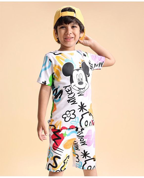 Babyhug Disney Single Jersey Knit Half Sleeves T-Shirt And Shorts Set With Mickey Mouse Graphics - White Purple & Black