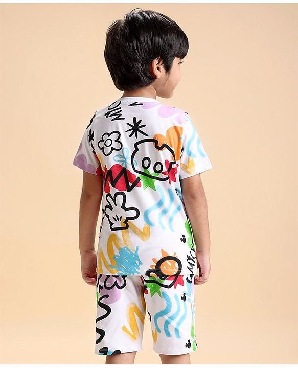 Babyhug Disney Single Jersey Knit Half Sleeves T-Shirt And Shorts Set With Mickey Mouse Graphics - White Purple & Black