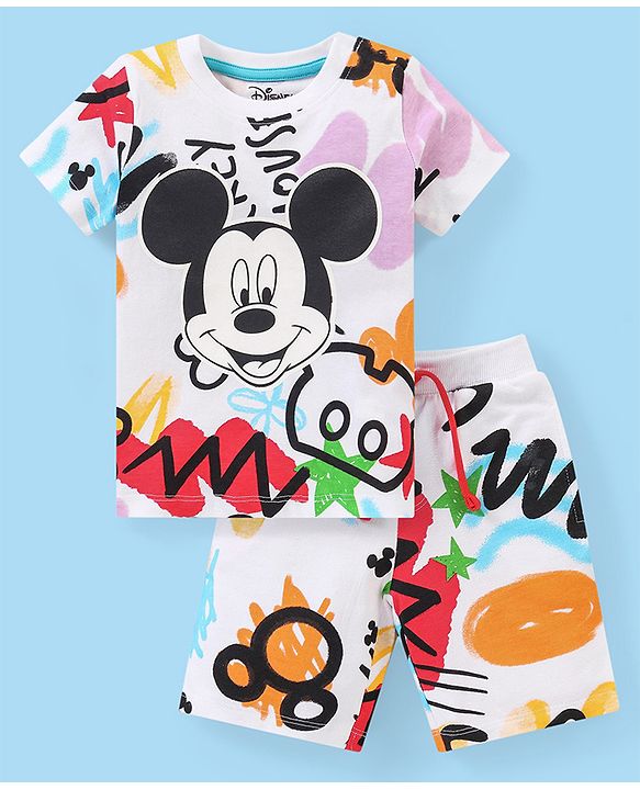 Babyhug Disney Single Jersey Knit Half Sleeves T-Shirt And Shorts Set With Mickey Mouse Graphics - White Purple & Black