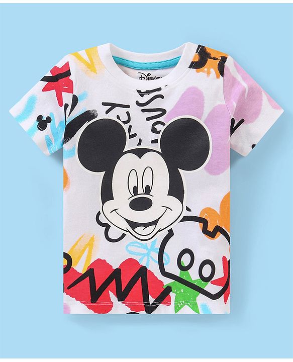 Babyhug Disney Single Jersey Knit Half Sleeves T-Shirt And Shorts Set With Mickey Mouse Graphics - White Purple & Black