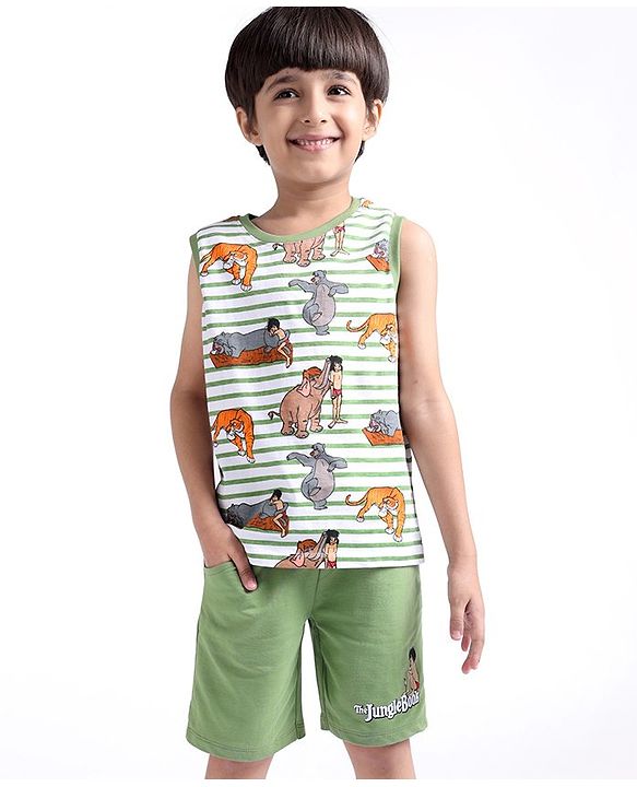 Babyhug Disney Single Jersey Knit Sleeveless T-Shirt And Shorts Set With Jungle Book Print - Green & White