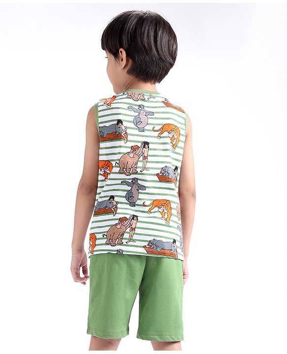 Babyhug Disney Single Jersey Knit Sleeveless T-Shirt And Shorts Set With Jungle Book Print - Green & White