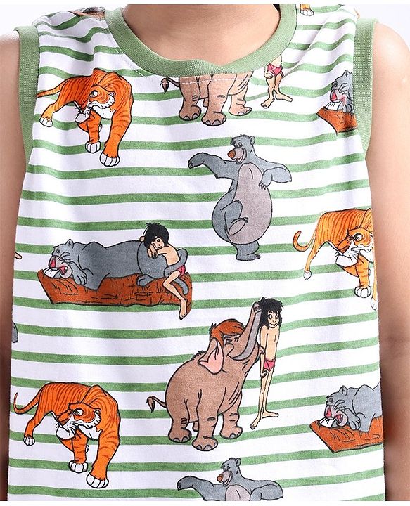 Babyhug Disney Single Jersey Knit Sleeveless T-Shirt And Shorts Set With Jungle Book Print - Green & White