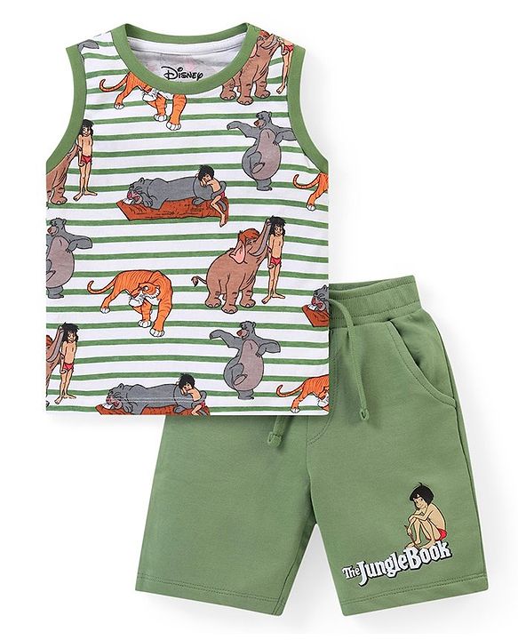 Babyhug Disney Single Jersey Knit Sleeveless T-Shirt And Shorts Set With Jungle Book Print - Green & White