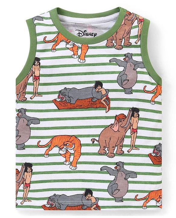 Babyhug Disney Single Jersey Knit Sleeveless T-Shirt And Shorts Set With Jungle Book Print - Green & White