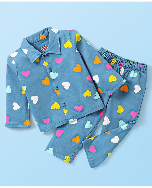 Babyhug Single Jersey Full Sleeves Night Suit Heart Print - Blue