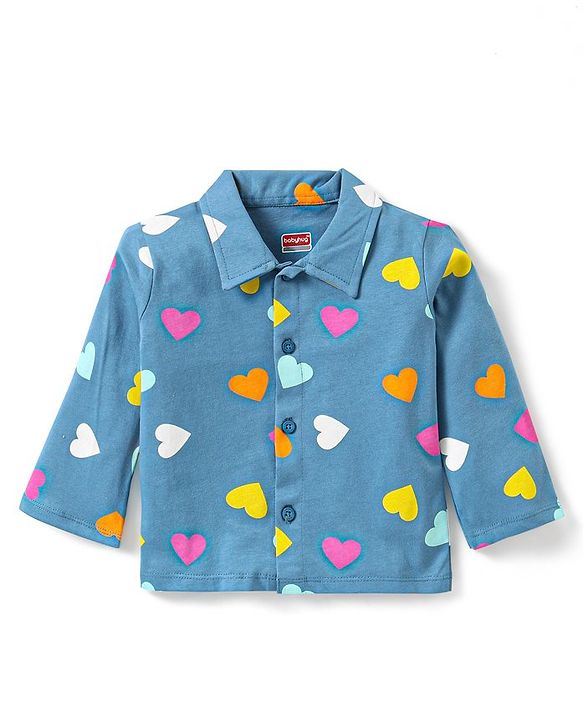 Babyhug Single Jersey Full Sleeves Night Suit Heart Print - Blue