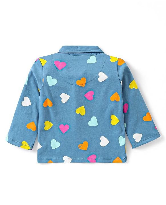 Babyhug Single Jersey Full Sleeves Night Suit Heart Print - Blue
