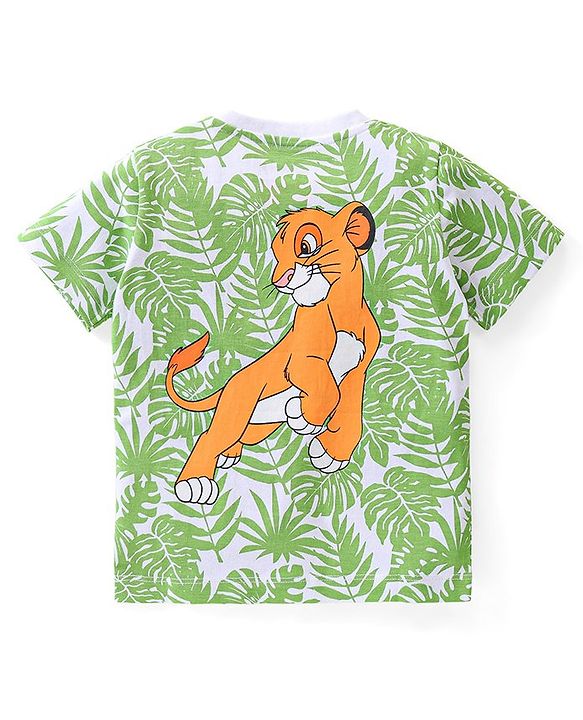 Babyhug Disney Cotton Knit Half Sleeves T-Shirt with Lion King Graphics & Tropical Print - White & Green