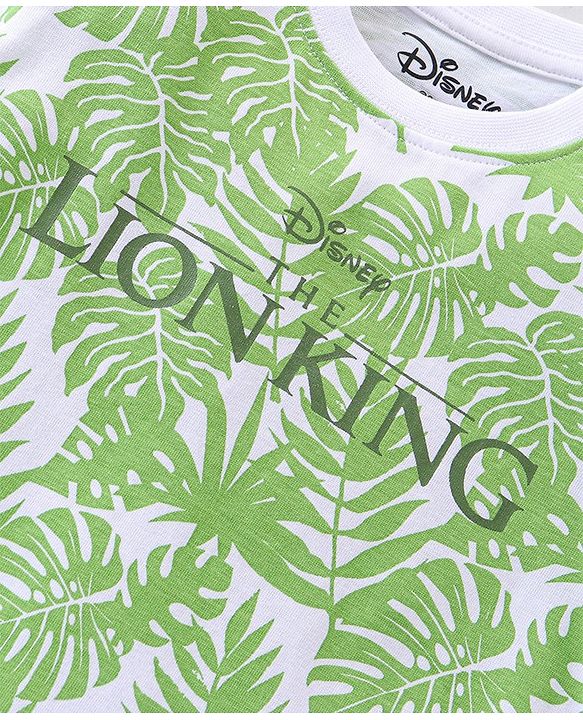 Babyhug Disney Cotton Knit Half Sleeves T-Shirt with Lion King Graphics & Tropical Print - White & Green