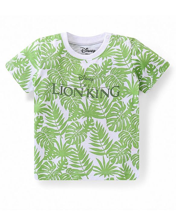 Babyhug Disney Cotton Knit Half Sleeves T-Shirt with Lion King Graphics & Tropical Print - White & Green