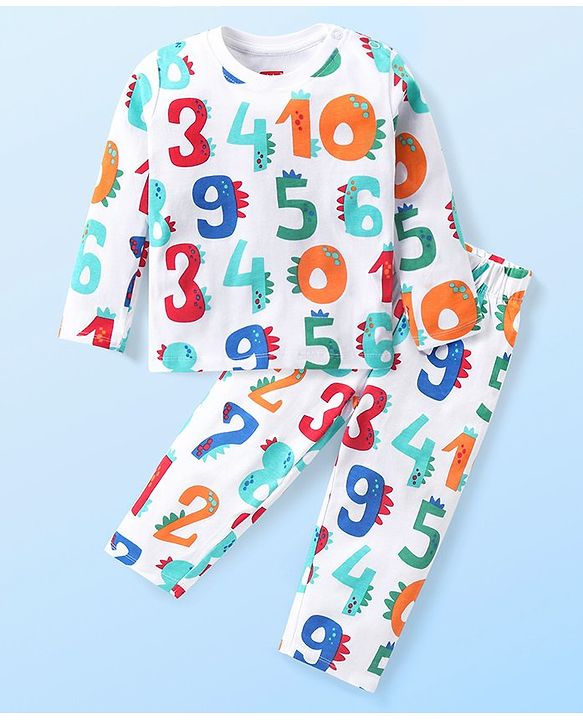Babyhug Cotton Knit Full Sleeves Night Suit With Numbers Print - White