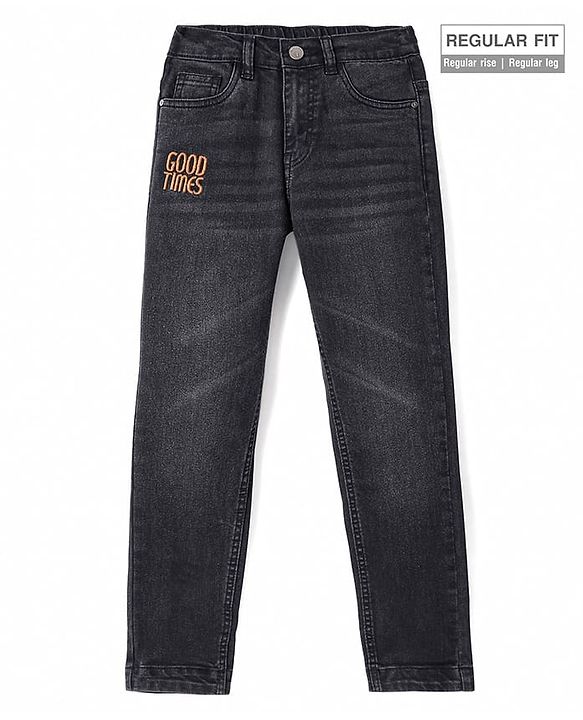 Pine Kids Full Length Washed Denim Jeans with Text Embroidery - Black
