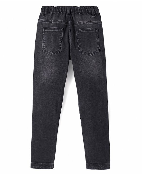 Pine Kids Full Length Washed Denim Jeans with Text Embroidery - Black