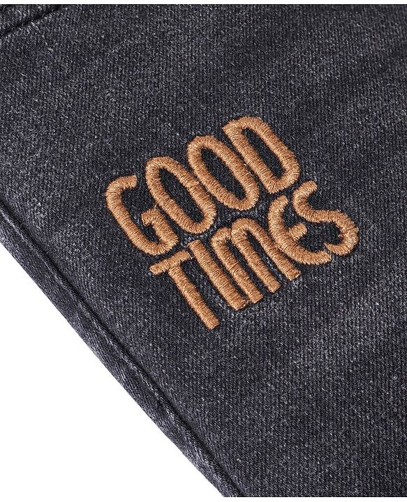 Pine Kids Full Length Washed Denim Jeans with Text Embroidery - Black