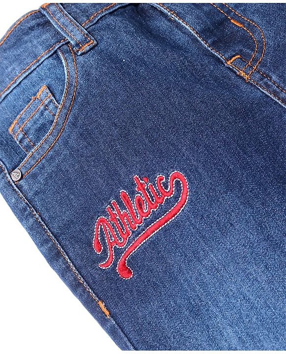 Pine Kids Woven  Full Length Washed Denim Jeans with Text Embroidery & Print - Blue
