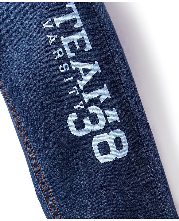 Pine Kids Woven  Full Length Washed Denim Jeans with Text Embroidery & Print - Blue
