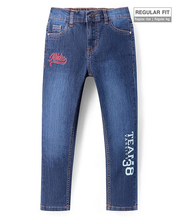 Pine Kids Woven  Full Length Washed Denim Jeans with Text Embroidery & Print - Blue