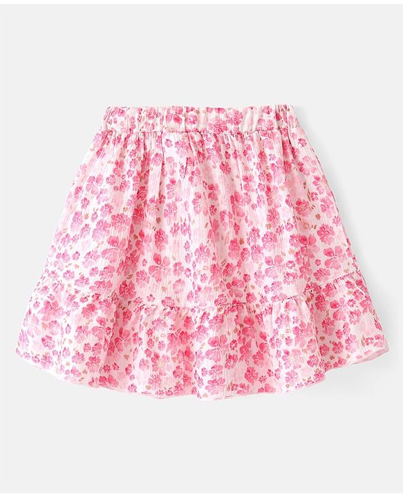 Babyhug Poplin Woven Half Sleeves  Top & Skirt Set with Floral Print - Pink & White