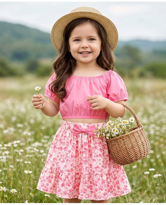 Babyhug Poplin Woven Half Sleeves  Top & Skirt Set with Floral Print - Pink & White