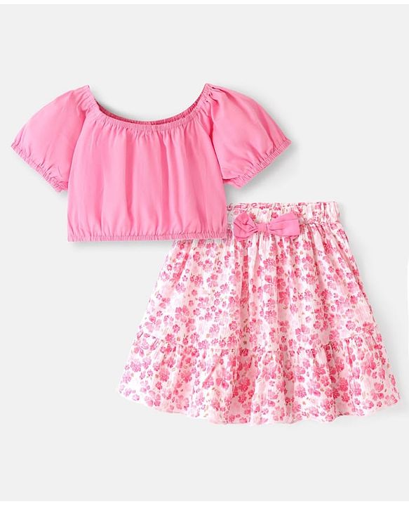 Babyhug Poplin Woven Half Sleeves  Top & Skirt Set with Floral Print - Pink & White