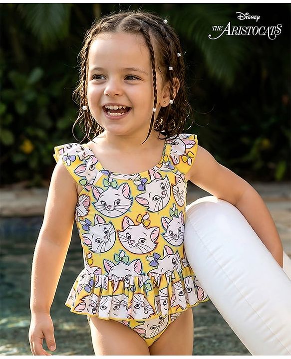 Babyhug Disney Sleeveless Frock Style V Cut Swimsuit With Marie Print - Yellow