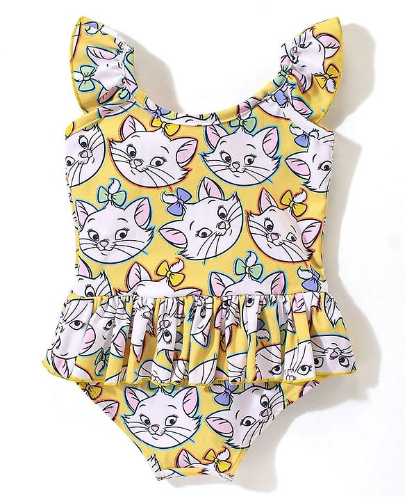 Babyhug Disney Sleeveless Frock Style V Cut Swimsuit With Marie Print - Yellow