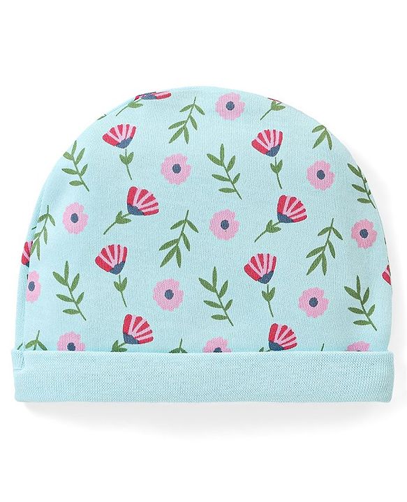 Babyhug 100% Cotton Cap Mittens & Booties Set Floral Print - Blue