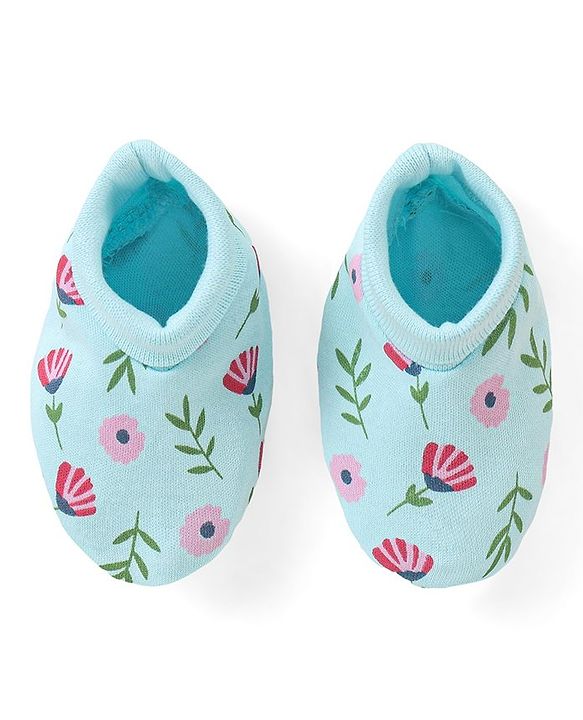Babyhug 100% Cotton Cap Mittens & Booties Set Floral Print - Blue