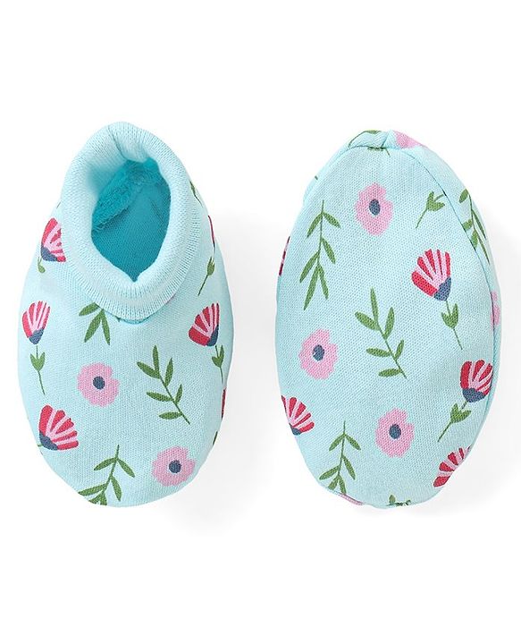 Babyhug 100% Cotton Cap Mittens & Booties Set Floral Print - Blue